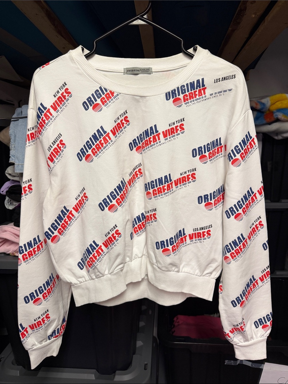 Goldie White Crewneck Sweatshirt with Red & Blue Logo Print